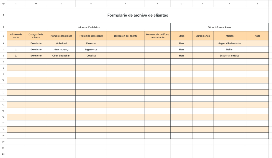 Formulario de información del archivo del cliente